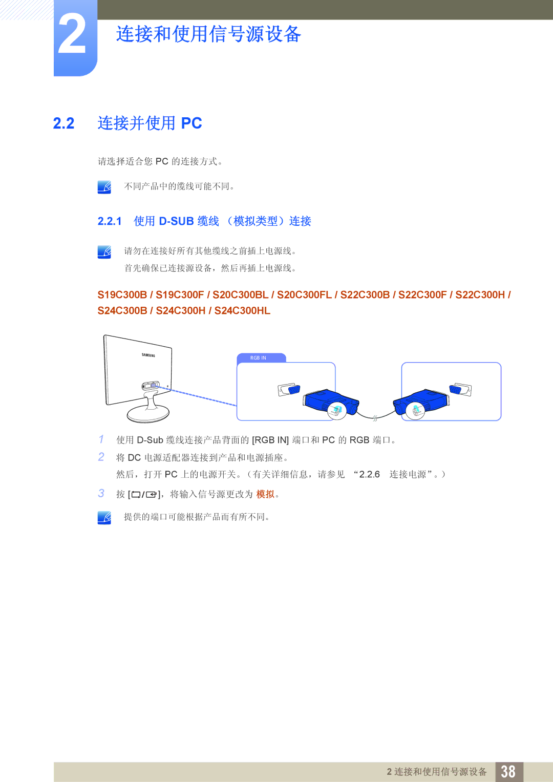 Samsung LS22C300BS/EN, LS24C300BS/EN, LS19C300BS/EN, LS20C300BL/EN, LS24C300HS/EN manual 连接并使用 Pc, 1 使用 D-SUB缆线 （模拟类型）连接 