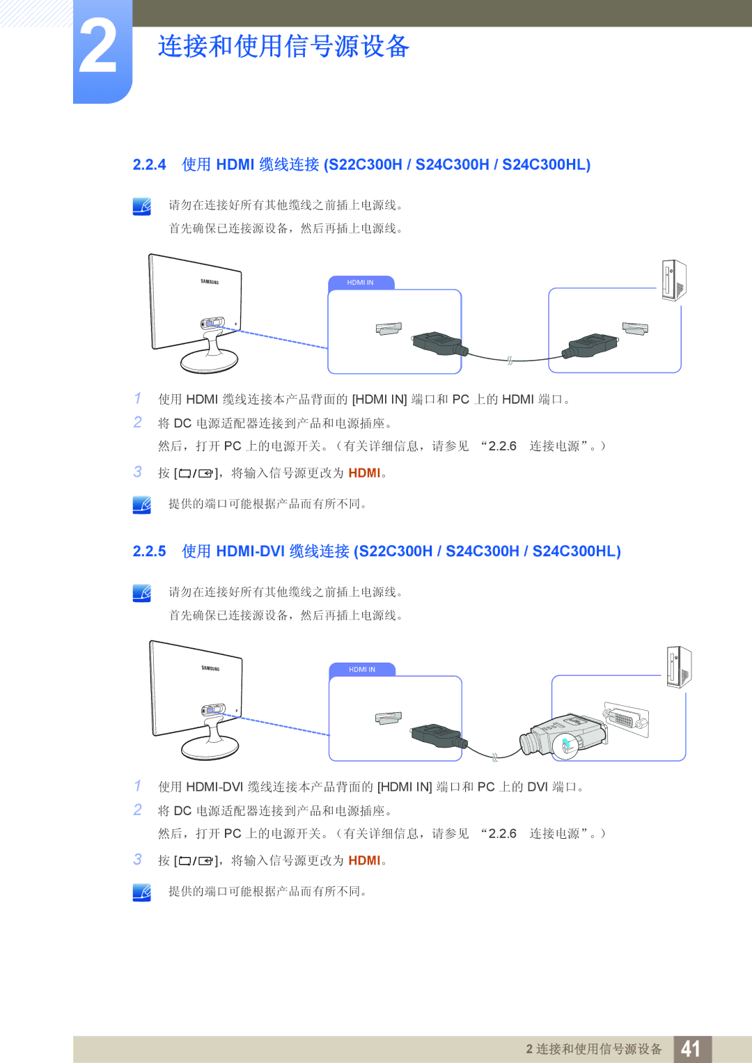 Samsung LS22C300HS/EN, LS24C300BS/EN, LS19C300BS/EN, LS22C300BS/EN manual 4 使用 Hdmi 缆线连接 S22C300H / S24C300H / S24C300HL 