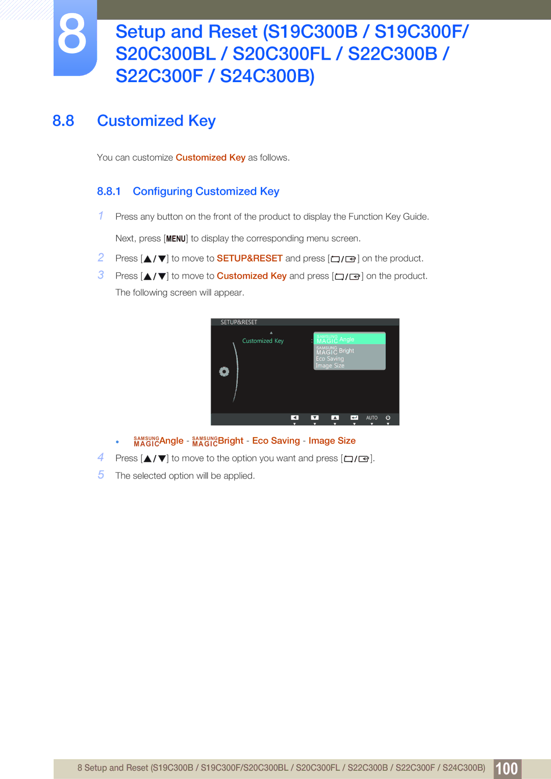 Samsung LS24B300HL/ZN, LS24C300BS/EN, LS19C300BS/EN, LS22C300BS/EN, LS24B300HLZ/EN manual Configuring Customized Key 