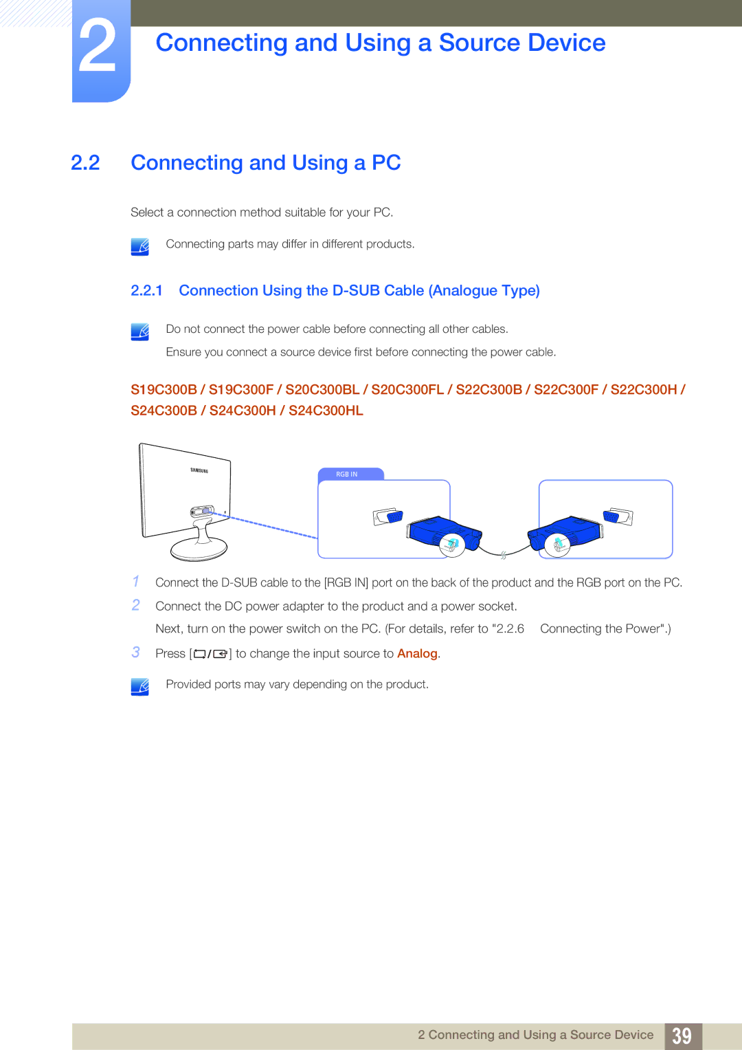 Samsung LS24C300HL/ZR, LS24C300BS/EN manual Connecting and Using a PC, Connection Using the D-SUB Cable Analogue Type 