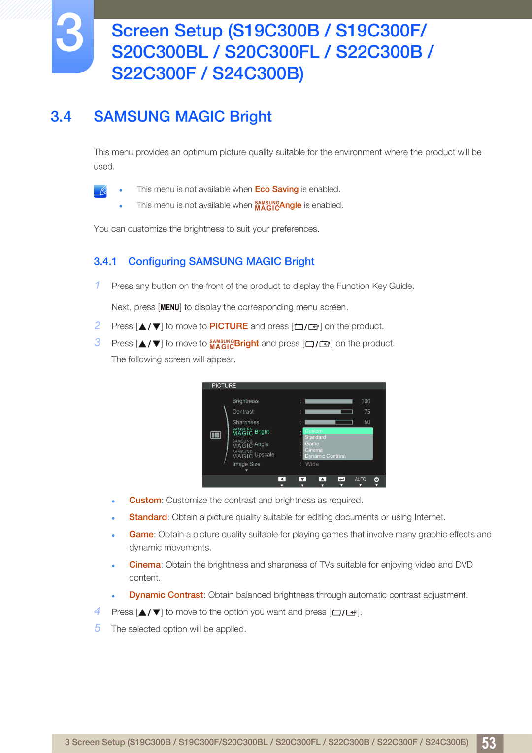 Samsung LS20C300BL/KZ, LS24C300BS/EN, LS19C300BS/EN, LS22C300BS/EN, LS24B300HLZ/EN manual Configuring Samsung Magic Bright 