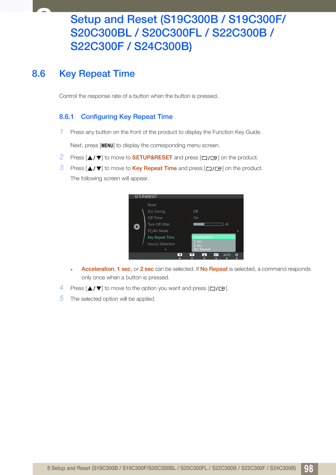 Samsung LS22C300BS/ZR, LS24C300BS/EN, LS19C300BS/EN, LS22C300BS/EN, LS24B300HLZ/EN manual Configuring Key Repeat Time 