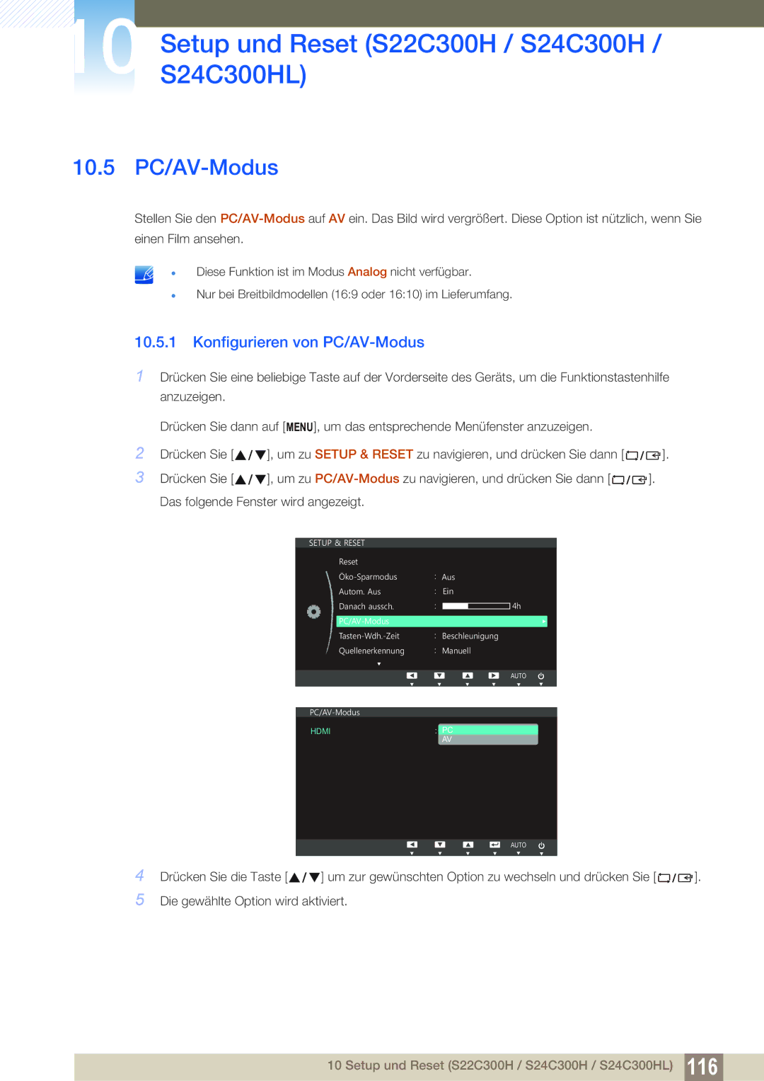Samsung LS22C300BS/EN, LS24C300BS/EN, LS19C300BS/EN, LS24C300HS/EN manual 10.5 PC/AV-Modus, Konfigurieren von PC/AV-Modus 
