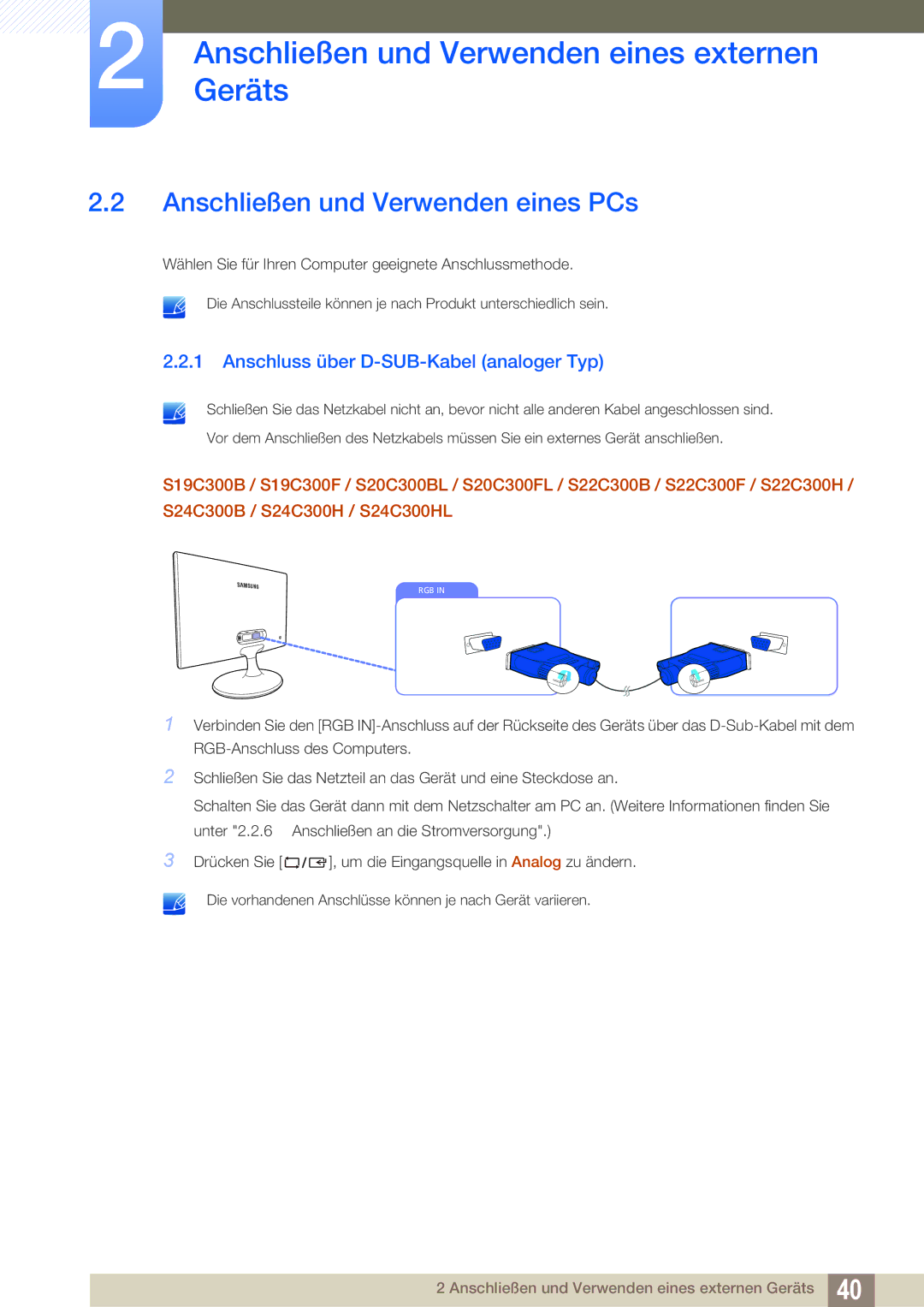 Samsung LS22C300HS/EN, LS24C300BS/EN manual Anschließen und Verwenden eines PCs, Anschluss über D-SUB-Kabel analoger Typ 