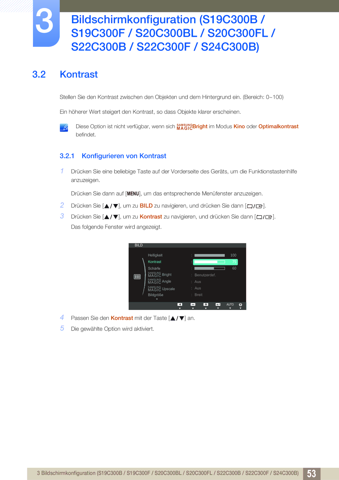 Samsung LS24B300HL/EN, LS24C300BS/EN, LS19C300BS/EN, LS22C300BS/EN, LS24C300HS/EN manual Konfigurieren von Kontrast 
