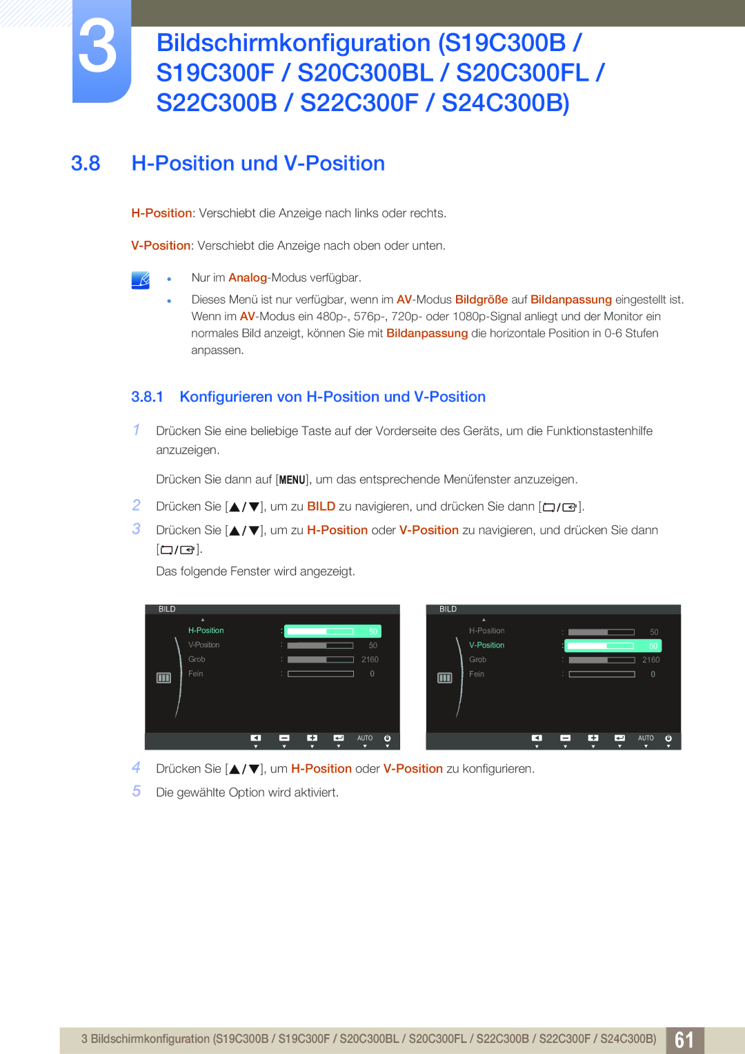 Samsung LS19C300BS/EN, LS24C300BS/EN, LS22C300BS/EN, LS24C300HS/EN manual Konfigurieren von H-Position und V-Position 