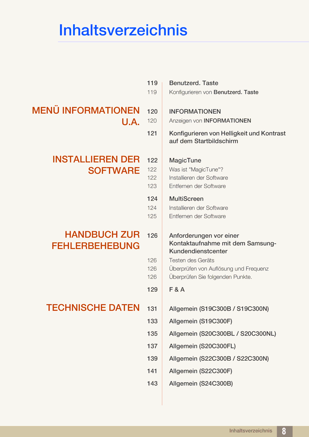 Samsung LS22C300BS/EN, LS24C300BS/EN, LS19C300BS/EN, LS24C300HS/EN, LS22C300HS/EN, LS24B300HL/EN Menü Informationen 120 U.A 