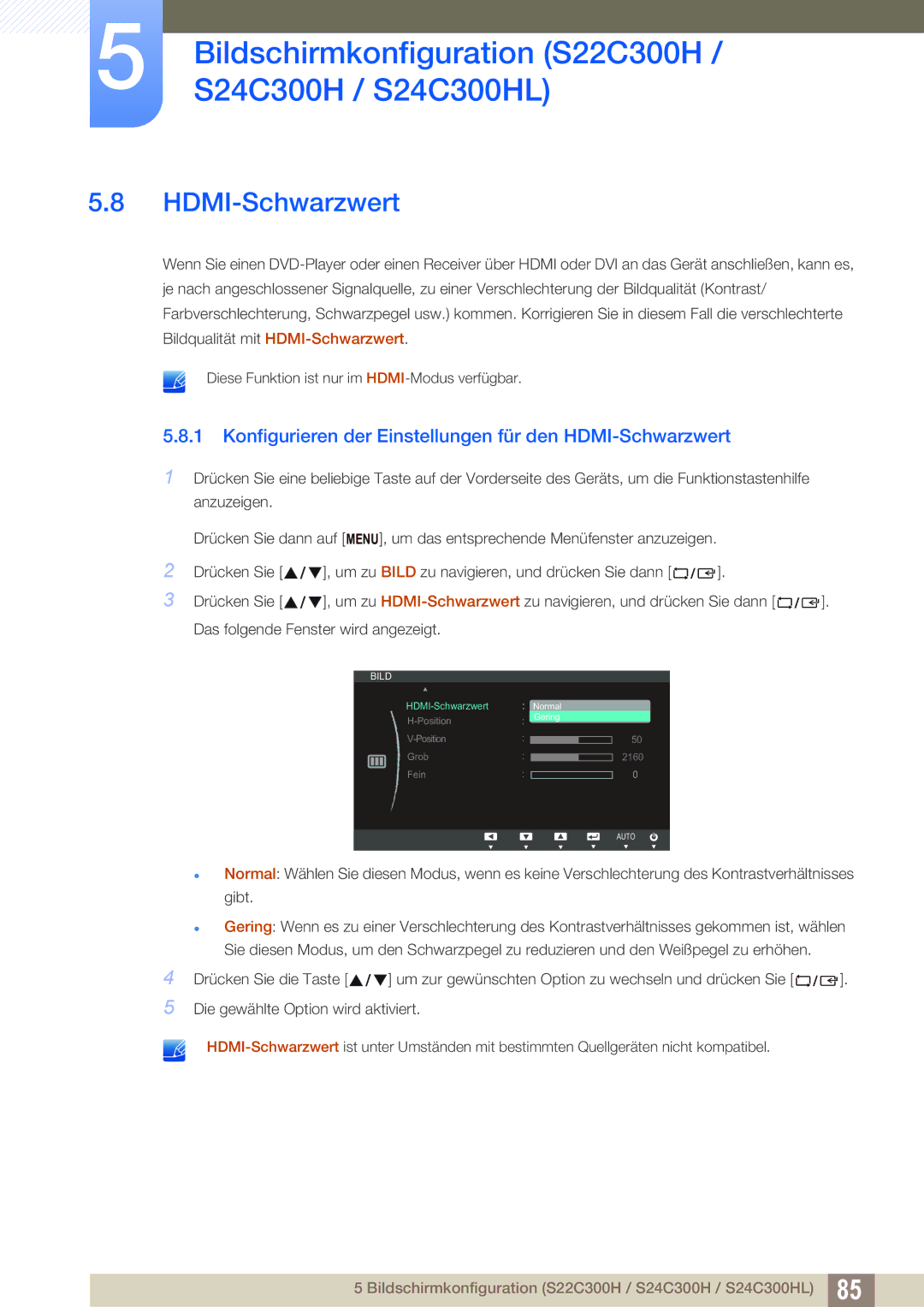 Samsung LS19C300BS/EN, LS24C300BS/EN, LS22C300BS/EN manual Konfigurieren der Einstellungen für den HDMI-Schwarzwert 