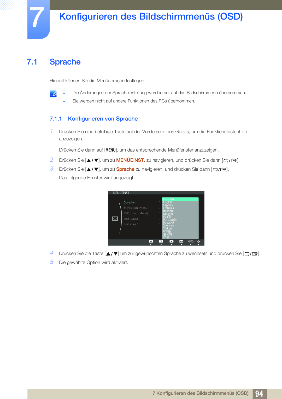 Samsung LS22C300HS/EN, LS24C300BS/EN, LS19C300BS/EN Konfigurieren des Bildschirmmenüs OSD, Konfigurieren von Sprache 