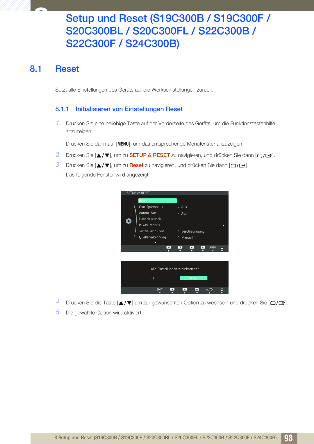 Samsung LS22C300BS/EN, LS24C300BS/EN, LS19C300BS/EN, LS24C300HS/EN, LS22C300HS/EN Initialisieren von Einstellungen Reset 