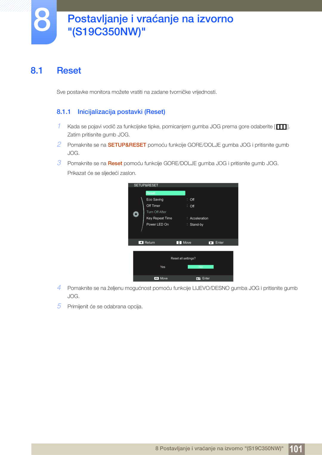 Samsung LS23C350HS/EN, LS24C350HS/EN manual Postavljanje i vraćanje na izvorno S19C350NW, Inicijalizacija postavki Reset 