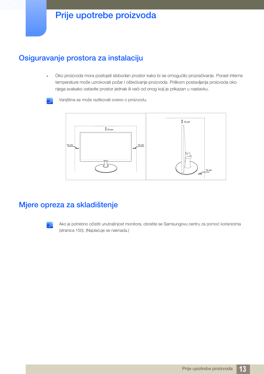 Samsung LS23C350HS/EN, LS24C350HS/EN, LS27C350HS/EN manual Osiguravanje prostora za instalaciju, Mjere opreza za skladištenje 