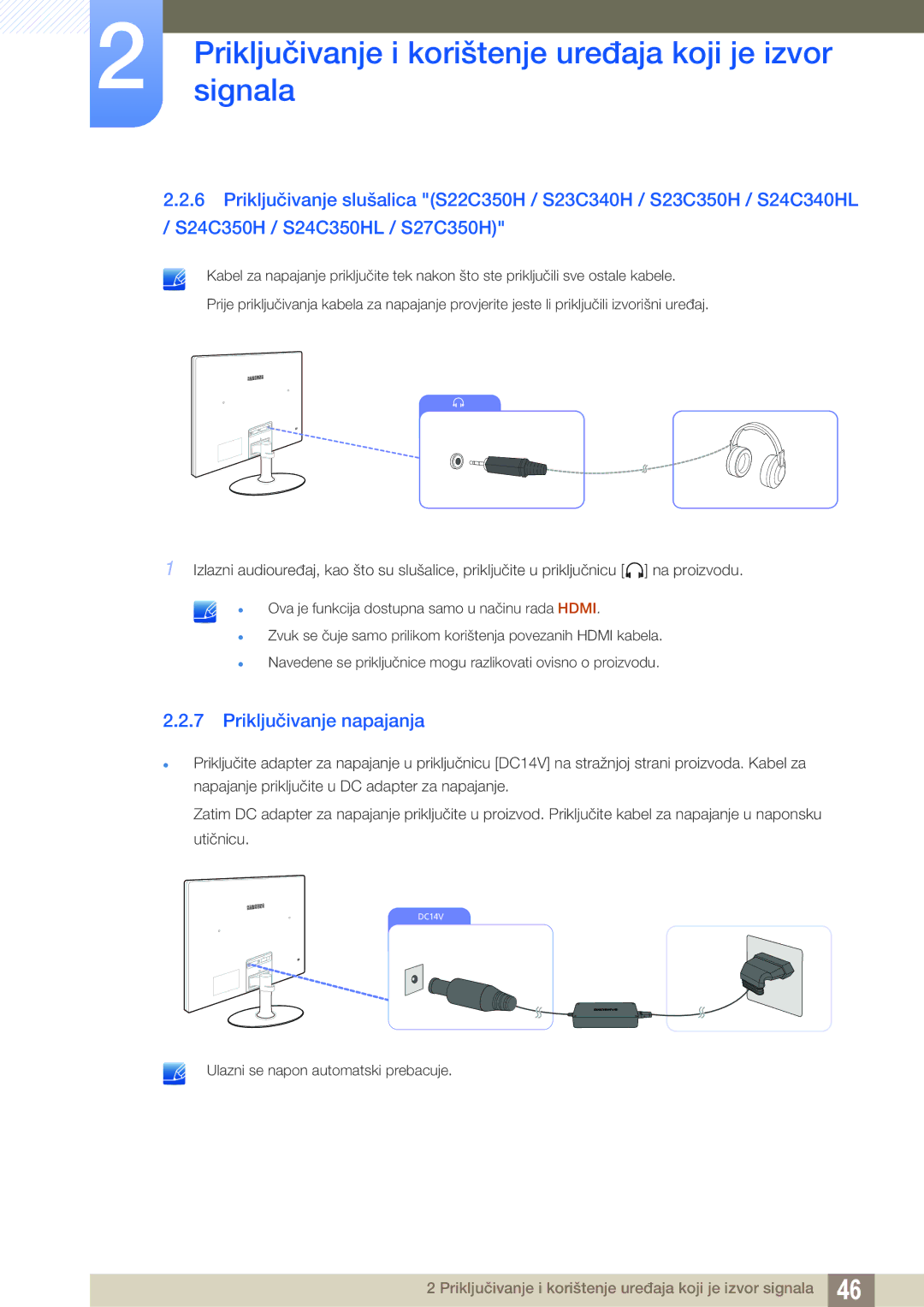 Samsung LS27C350HS/EN, LS24C350HS/EN, LS23C350HS/EN, LS22D300NY/EN manual Priključivanje napajanja 