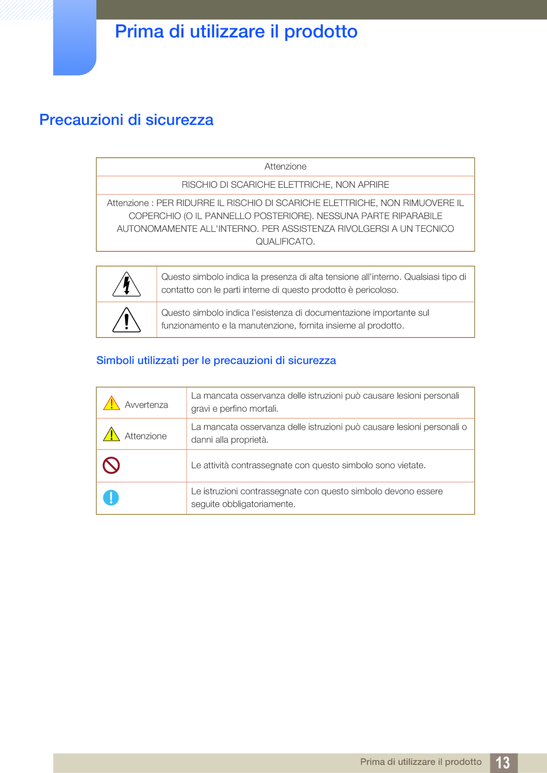 Samsung LS27C350HS/EN, LS24C350HS/EN manual Precauzioni di sicurezza, Simboli utilizzati per le precauzioni di sicurezza 