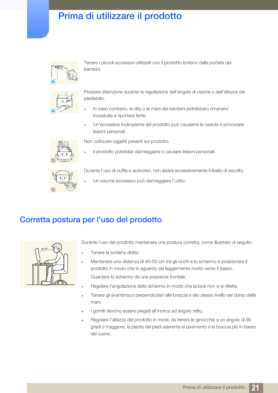 Samsung LS24C350HS/EN, LS27C350HS/EN, LS22D300NY/EN manual Corretta postura per luso del prodotto 