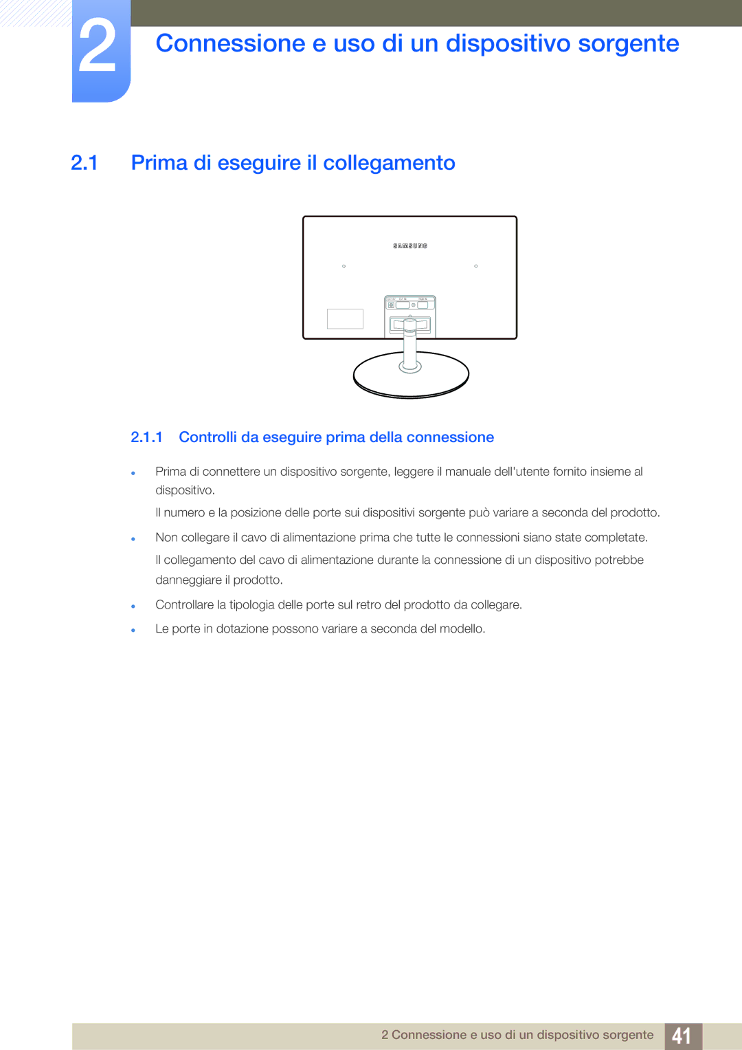 Samsung LS22D300NY/EN, LS24C350HS/EN manual Connessione e uso di un dispositivo sorgente, Prima di eseguire il collegamento 