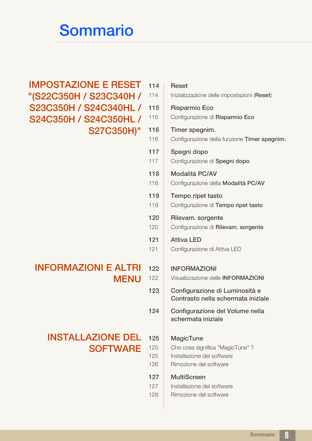 Samsung LS22D300NY/EN, LS24C350HS/EN, LS27C350HS/EN manual Informazioni E Altri 122 Menu 