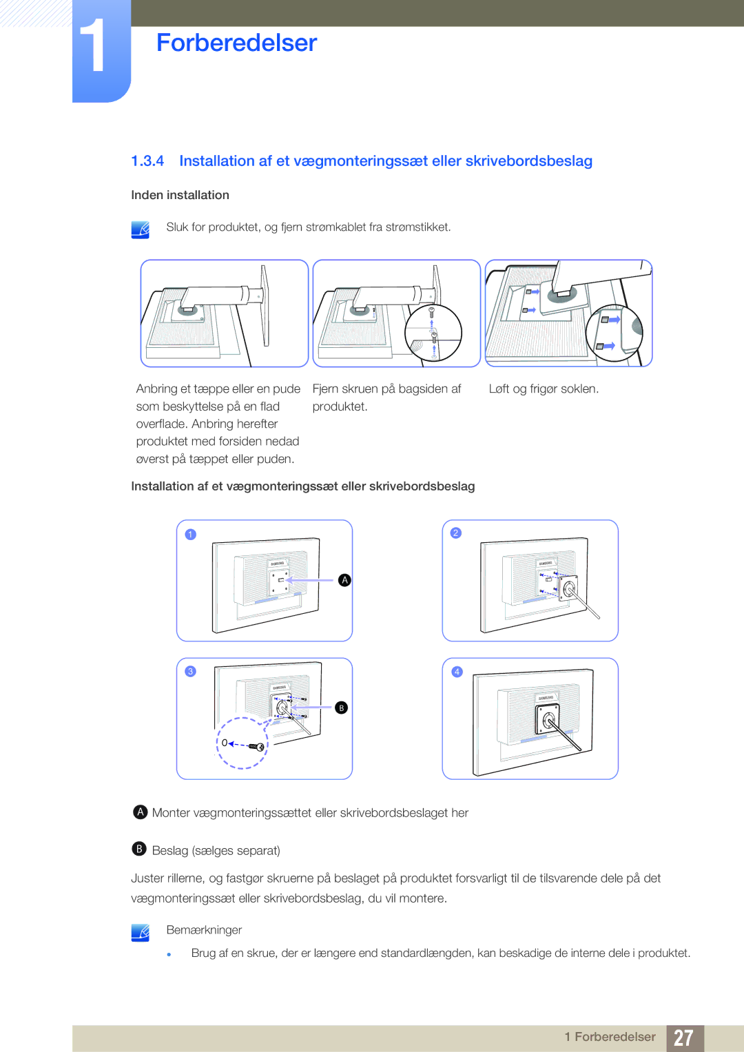 Samsung LS22C45UDW/EN, LS24C45UFS/EN manual Installation af et vægmonteringssæt eller skrivebordsbeslag 