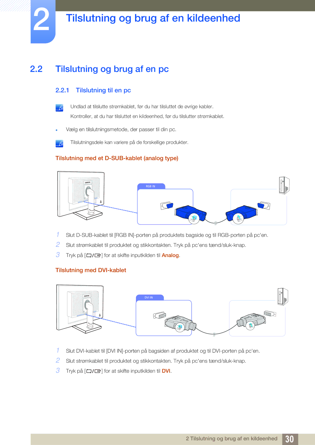 Samsung LS24C45UFS/EN Tilslutning og brug af en pc, Tilslutning til en pc, Tilslutning med et D-SUB-kablet analog type 