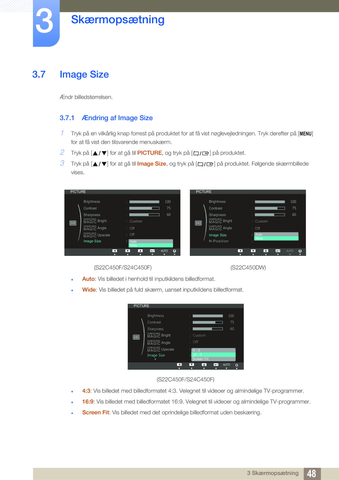 Samsung LS24C45UFS/EN, LS22C45UDW/EN manual 1 Ændring af Image Size 