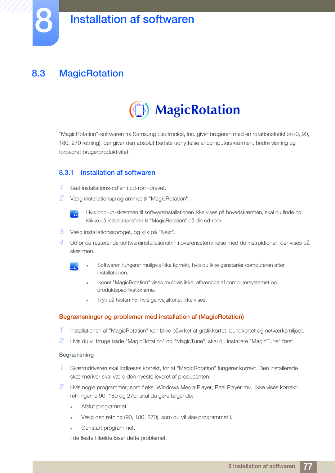 Samsung LS22C45UDW/EN, LS24C45UFS/EN manual Begrænsninger og problemer med installation af MagicRotation 