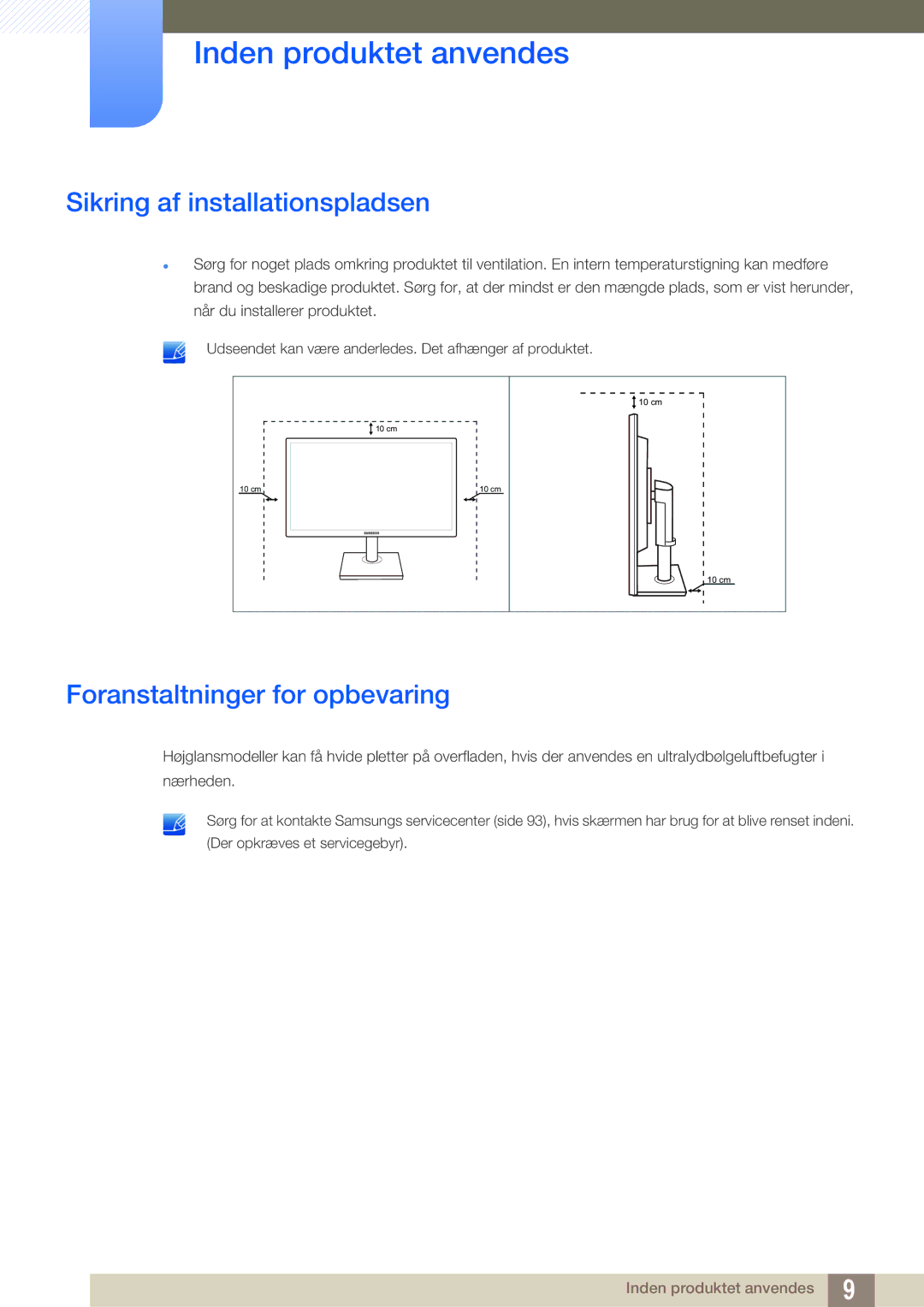 Samsung LS22C45UDW/EN, LS24C45UFS/EN manual Sikring af installationspladsen, Foranstaltninger for opbevaring 