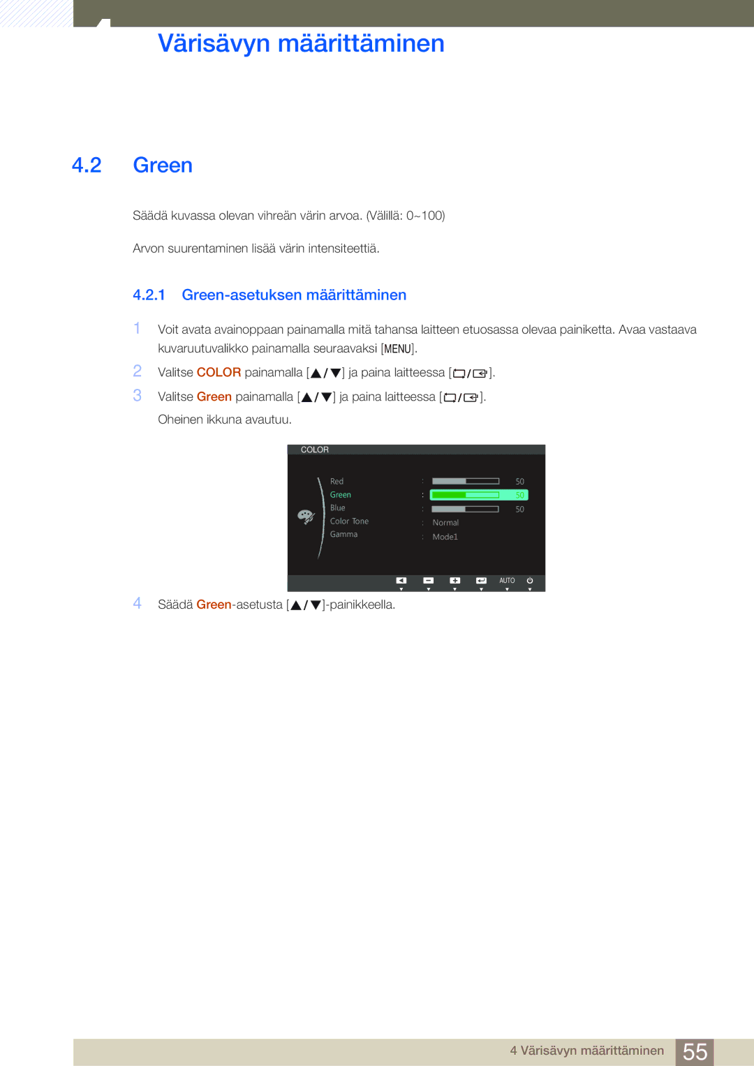 Samsung LS22C45UDW/EN, LS24C45UFS/EN manual Green-asetuksen määrittäminen 