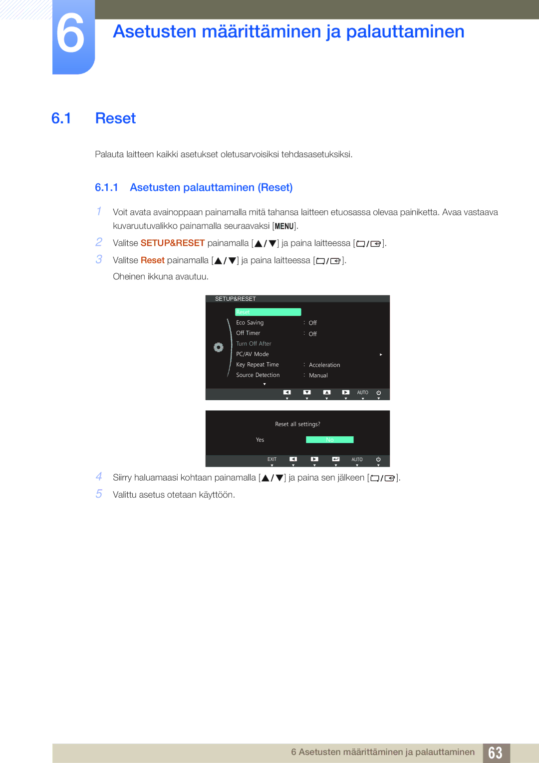 Samsung LS22C45UDW/EN, LS24C45UFS/EN manual Asetusten määrittäminen ja palauttaminen, Asetusten palauttaminen Reset 