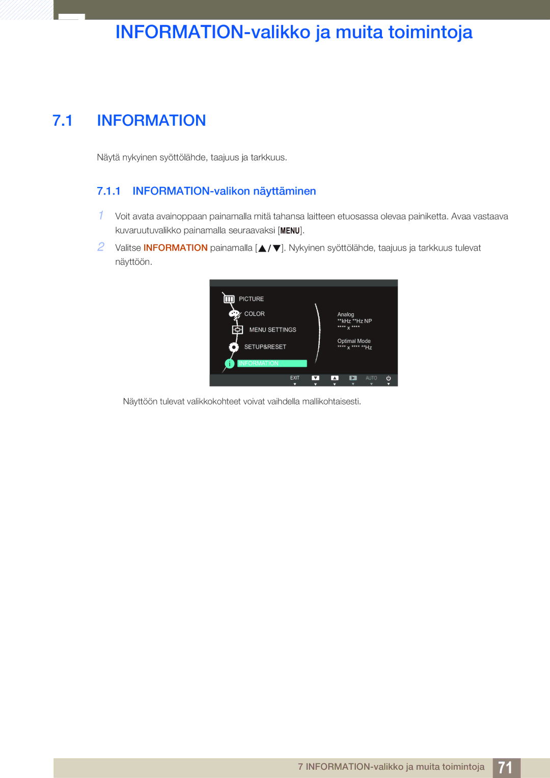 Samsung LS22C45UDW/EN, LS24C45UFS/EN manual INFORMATION-valikko ja muita toimintoja, INFORMATION-valikon näyttäminen 