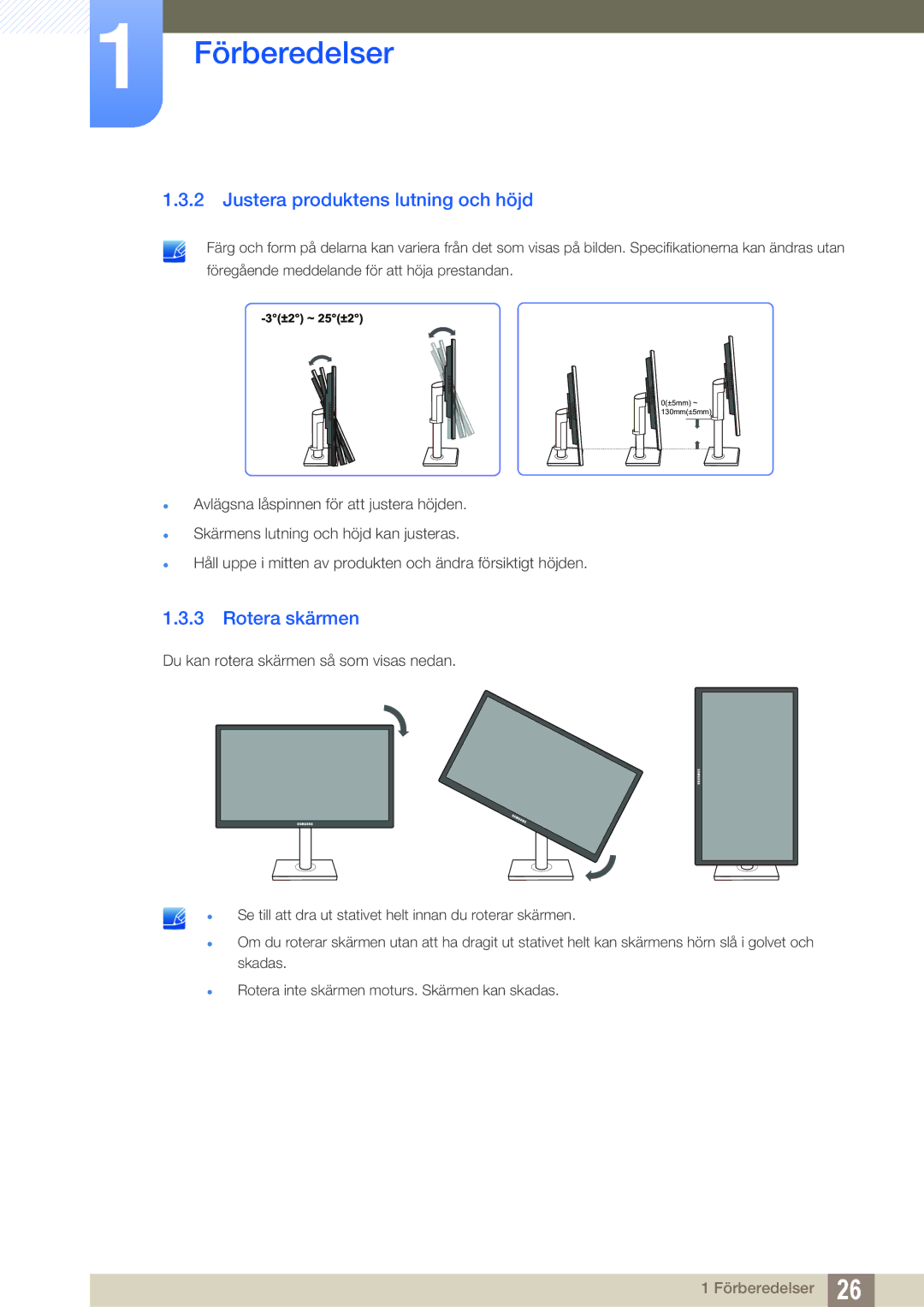 Samsung LS24C45UFS/EN, LS22C45UDW/EN manual Justera produktens lutning och höjd, Rotera skärmen 