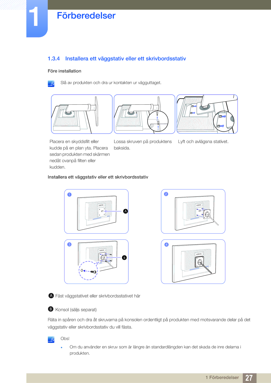 Samsung LS22C45UDW/EN, LS24C45UFS/EN manual Installera ett väggstativ eller ett skrivbordsstativ 