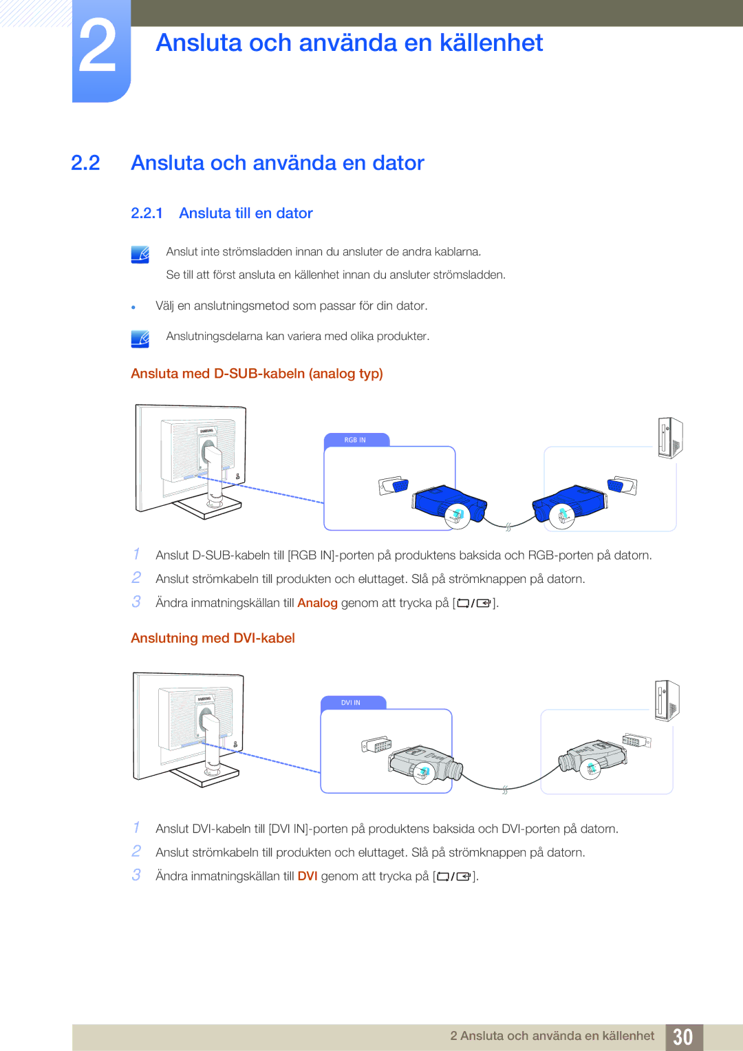 Samsung LS24C45UFS/EN, LS22C45UDW/EN manual Ansluta och använda en dator, Ansluta till en dator 