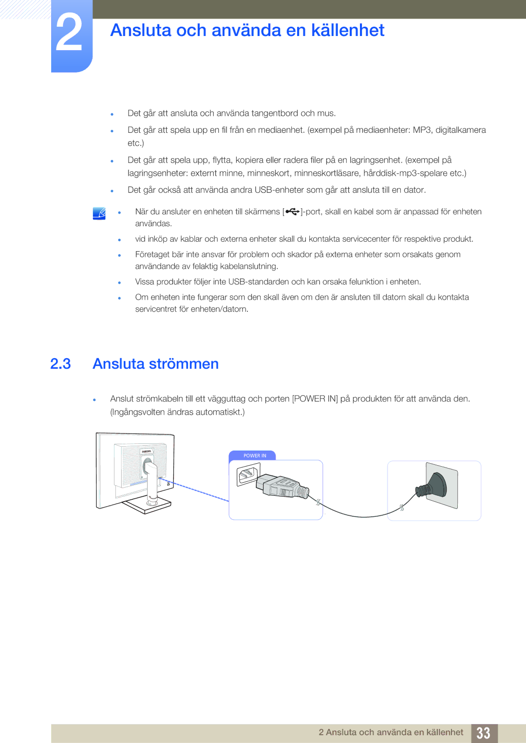 Samsung LS22C45UDW/EN, LS24C45UFS/EN manual Ansluta strömmen 