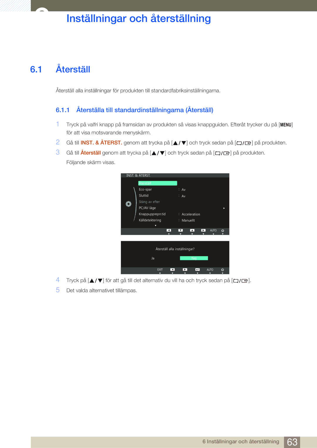 Samsung LS22C45UDW/EN manual Inställningar och återställning, 1 Återställa till standardinställningarna Återställ 