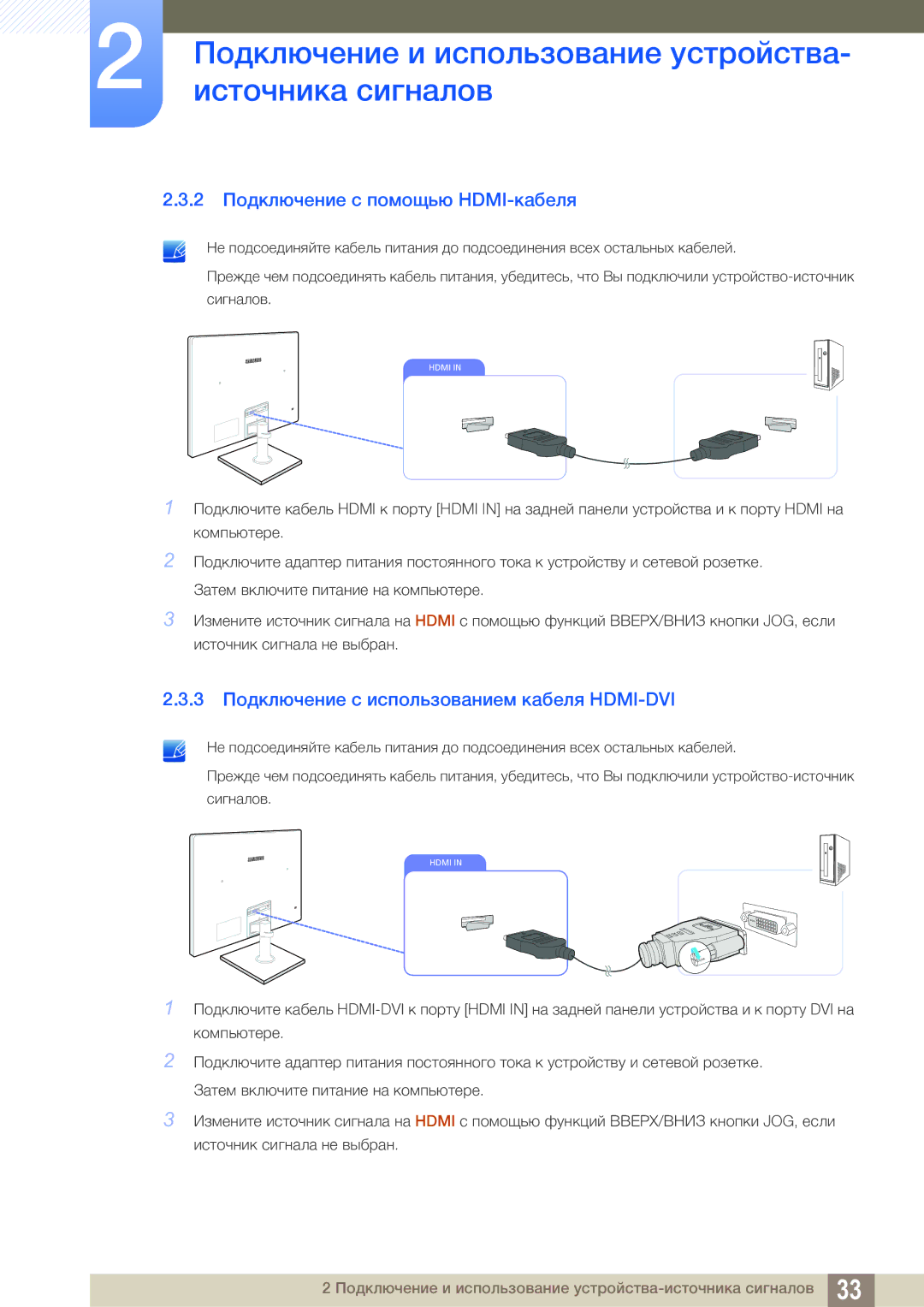 Samsung LS24C550ML/CI manual 2 Подключение с помощью HDMI-кабеля, 3 Подключение с использованием кабеля HDMI-DVI 