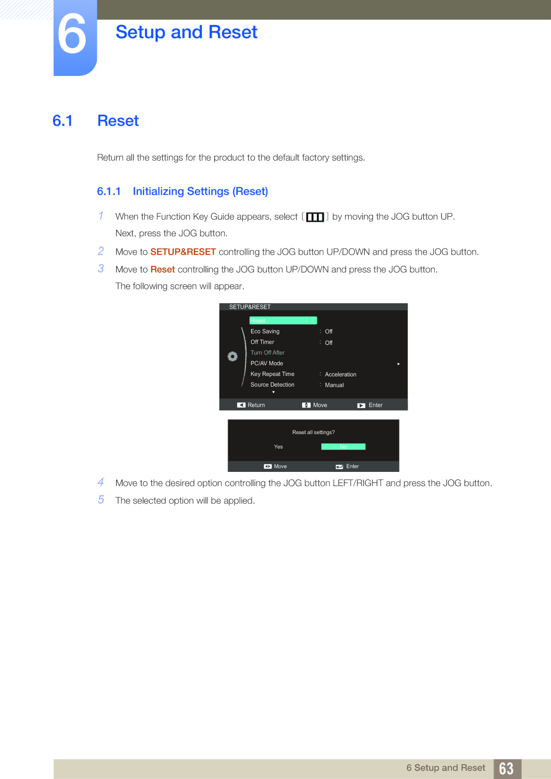 Samsung LS24C550HL/ZR, LS24C550ML/EN, LS23C550HS/EN, LS24C550VL/EN manual Setup and Reset, Initializing Settings Reset 