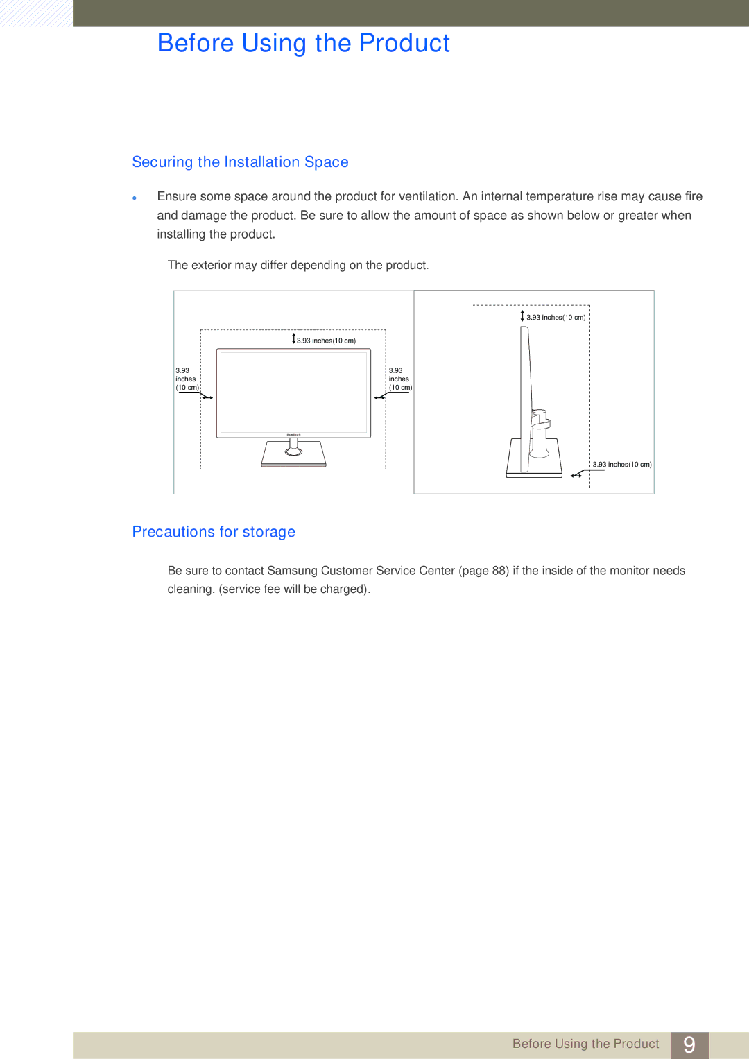 Samsung LS24C550HL/ZR, LS24C550ML/EN, LS23C550HS/EN, LS24C550VL/EN Securing the Installation Space, Precautions for storage 