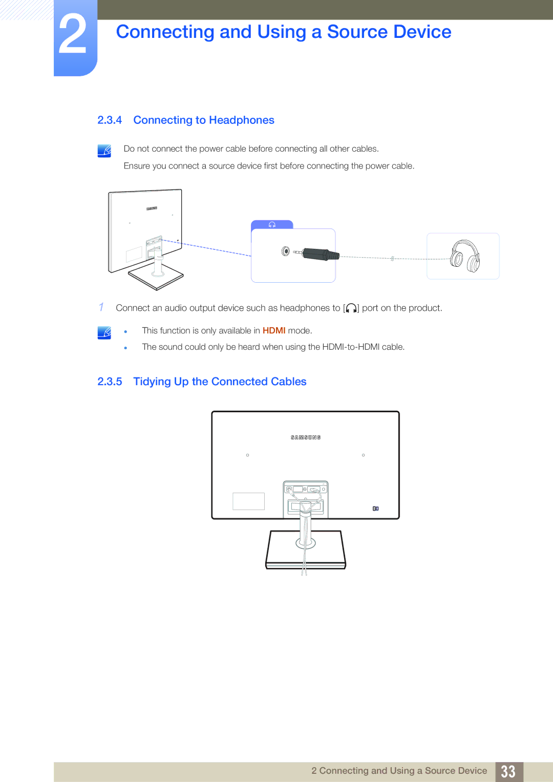 Samsung LS24C550HL/ZR, LS24C550ML/EN, LS23C550HS/EN, LS24C550VL/EN Connecting to Headphones, Tidying Up the Connected Cables 