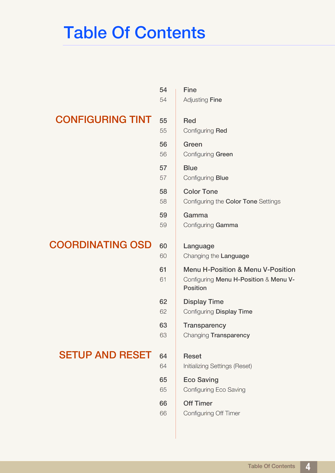 Samsung LS22C550HSMXV, LS24C550ML/EN, LS23C550HS/EN, LS24C550VL/EN manual Configuring Tint Coordinating OSD Setup and Reset 