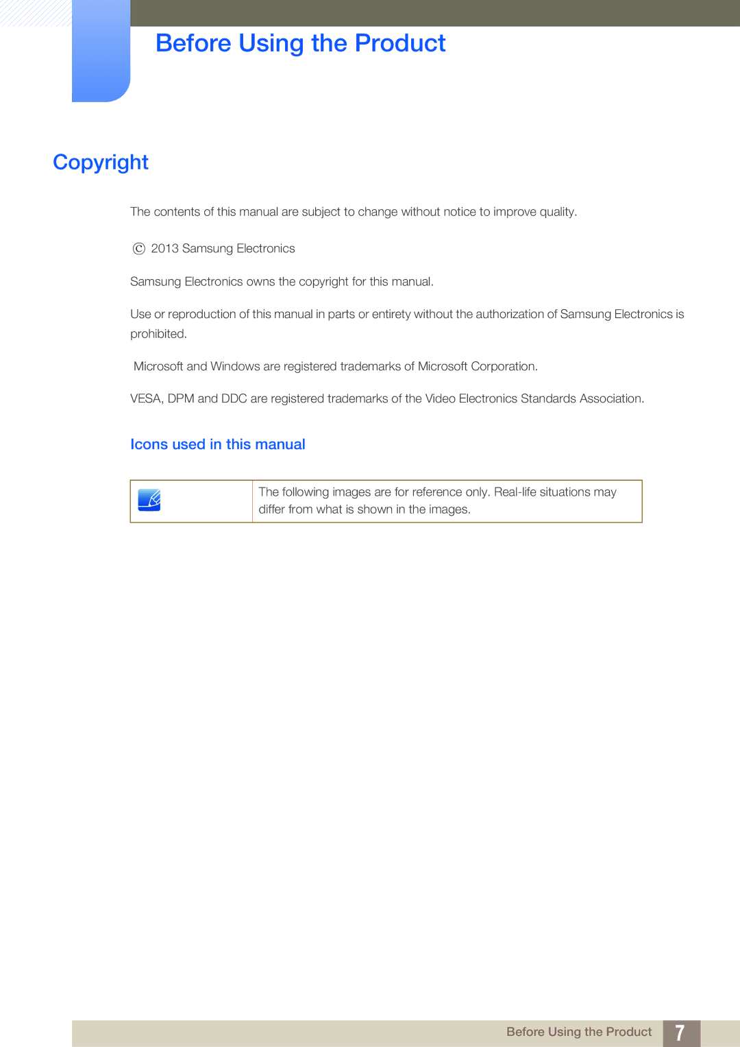 Samsung LS23C550HS/EN, LS24C550ML/EN, LS24C550VL/EN Before Using the Product, Copyright, Icons used in this manual 