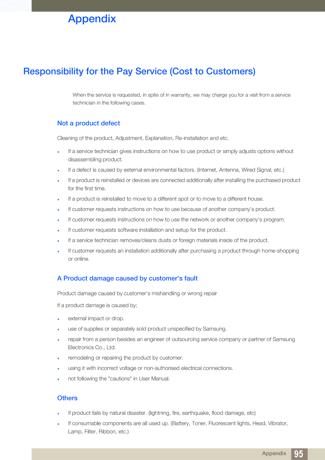 Samsung LS24C550ML/CI, LS24C550ML/EN Responsibility for the Pay Service Cost to Customers, Not a product defect, Others 