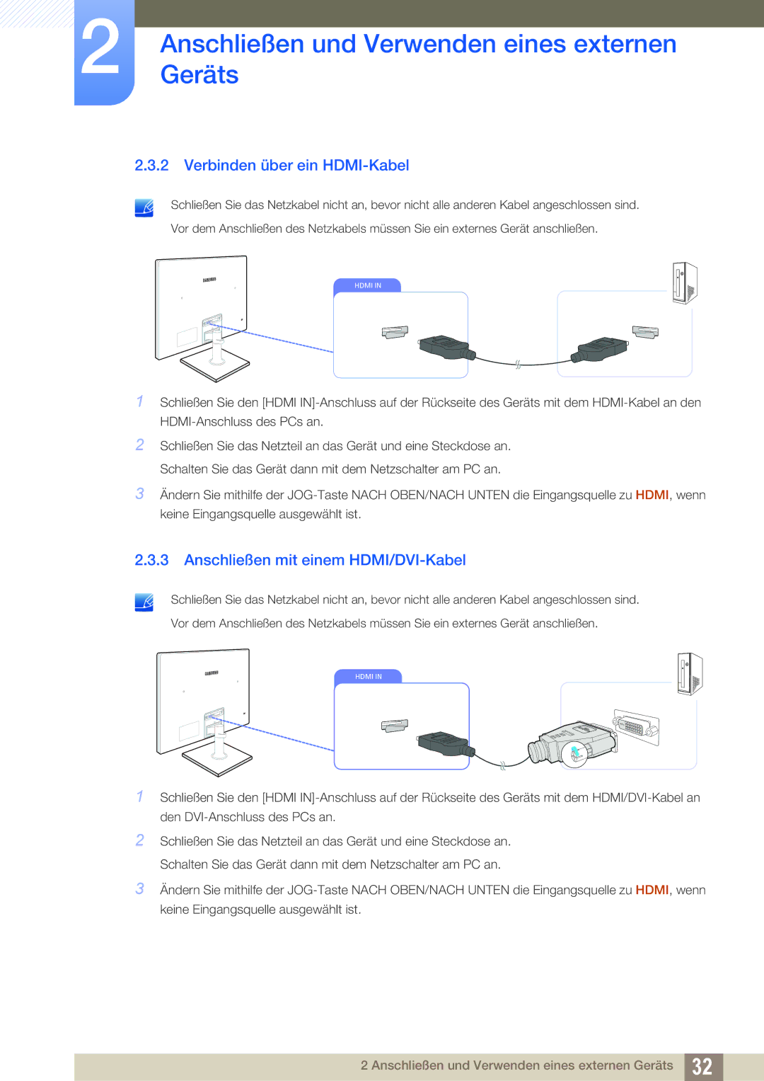 Samsung LS24C550VL/EN, LS24C550ML/EN, LS23C550HS/EN Verbinden über ein HDMI-Kabel, Anschließen mit einem HDMI/DVI-Kabel 