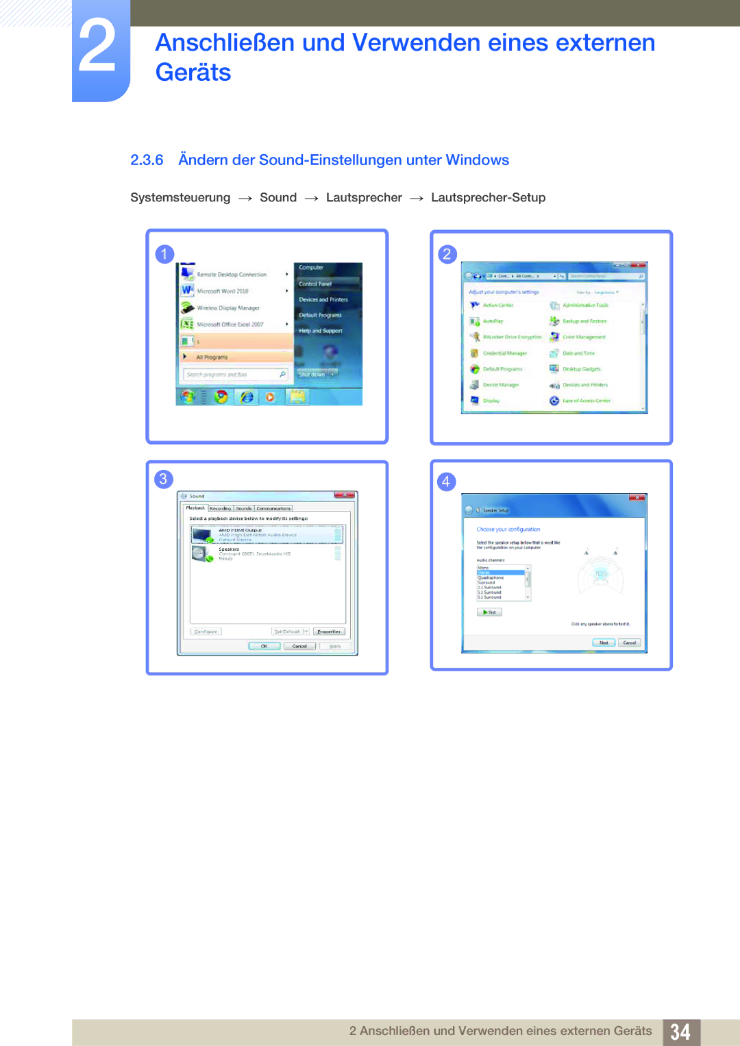 Samsung LS23C550HS/EN, LS24C550ML/EN, LS24C550VL/EN manual 6 Ändern der Sound-Einstellungen unter Windows 