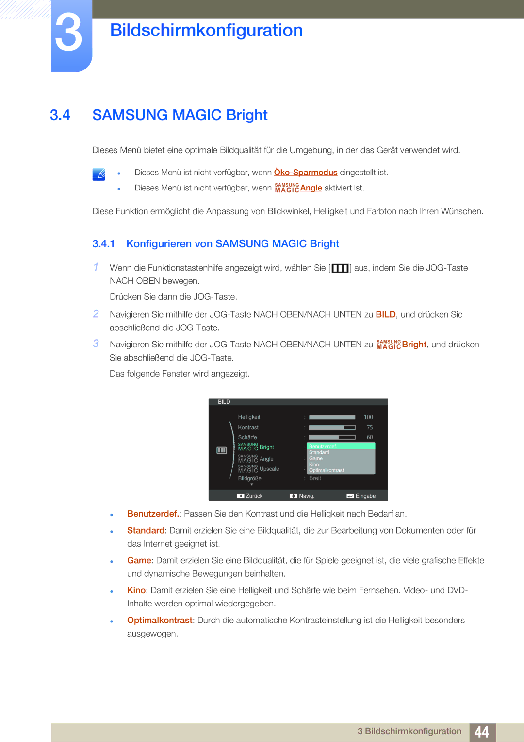 Samsung LS24C550VL/EN, LS24C550ML/EN, LS23C550HS/EN manual Konfigurieren von Samsung Magic Bright 