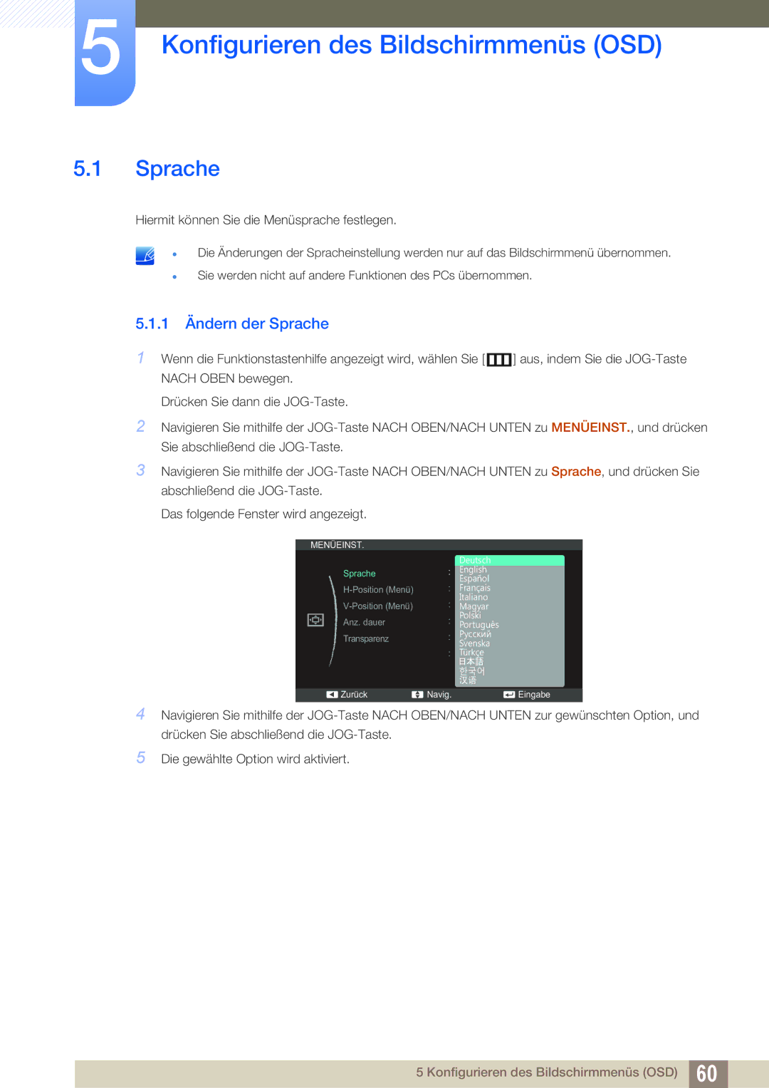 Samsung LS24C550ML/EN, LS23C550HS/EN, LS24C550VL/EN manual Konfigurieren des Bildschirmmenüs OSD, 1 Ändern der Sprache 