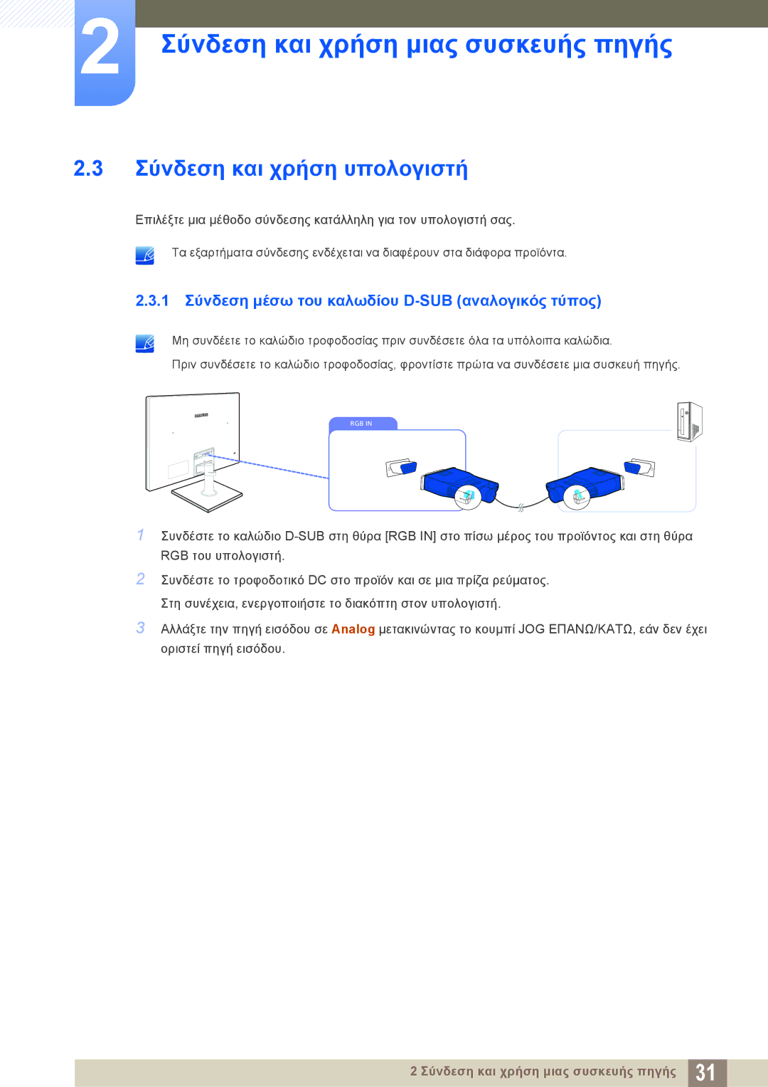 Samsung LS23C550HS/EN, LS24C550ML/EN manual Σύνδεση και χρήση υπολογιστή, 1 Σύνδεση μέσω του καλωδίου D-SUB αναλογικός τύπος 