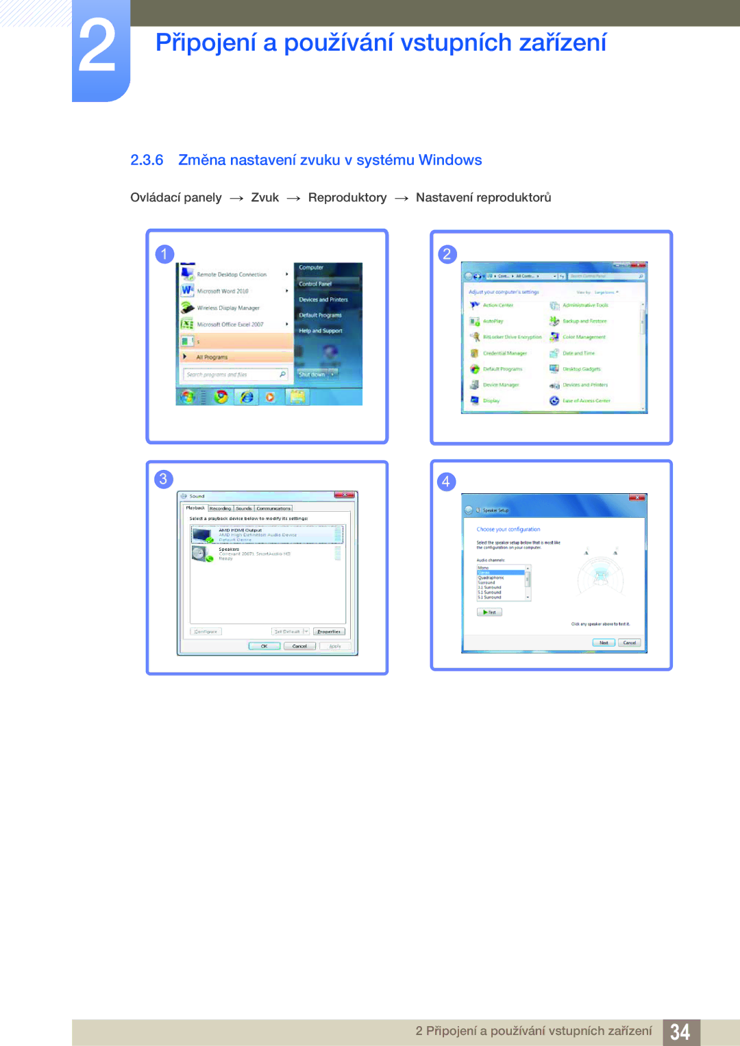 Samsung LS24C550ML/EN, LS24C550VL/EN manual 6 Změna nastavení zvuku v systému Windows 