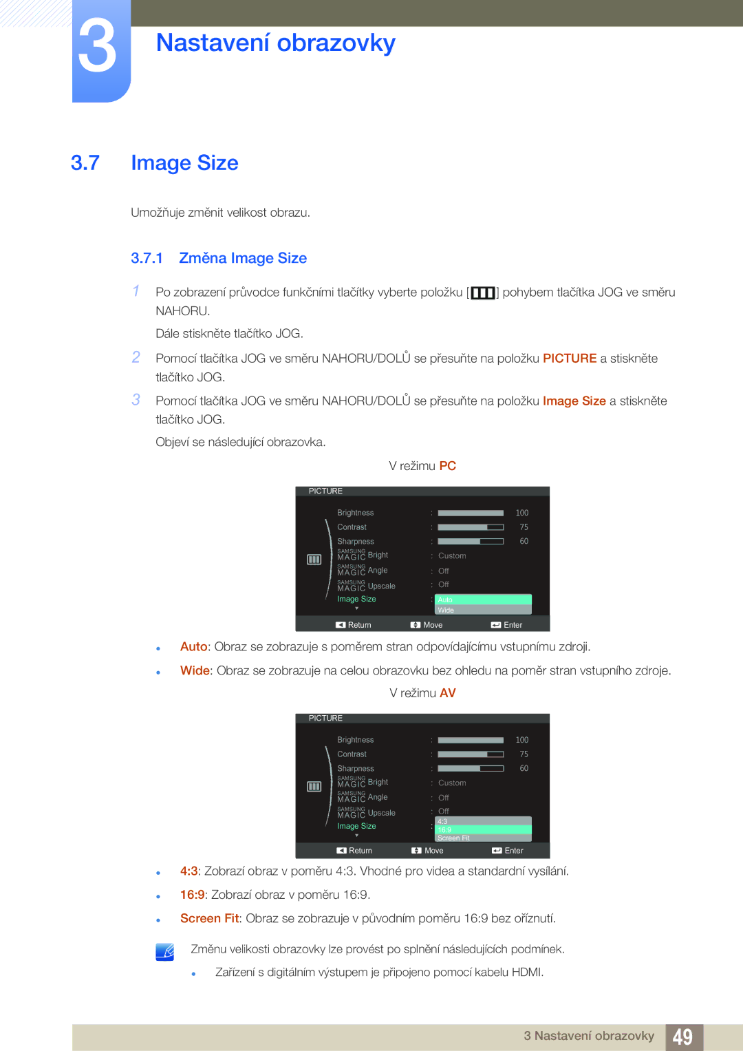 Samsung LS24C550VL/EN, LS24C550ML/EN manual 1 Změna Image Size 