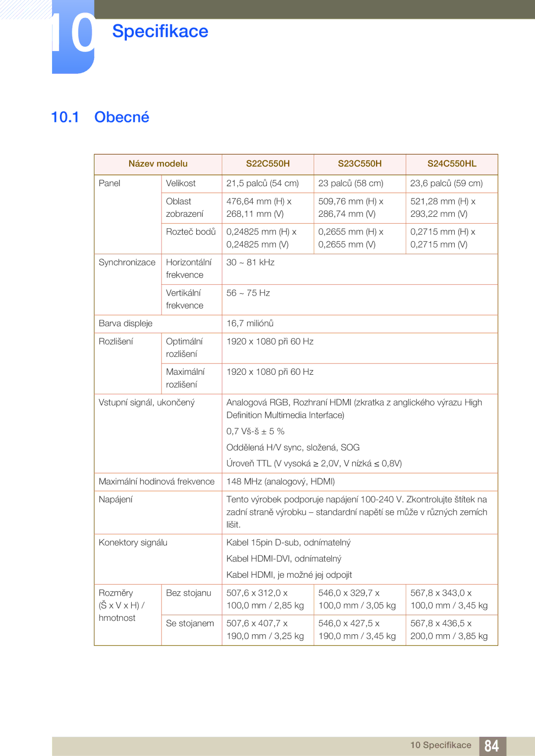 Samsung LS24C550ML/EN, LS24C550VL/EN manual Specifikace, Obecné 