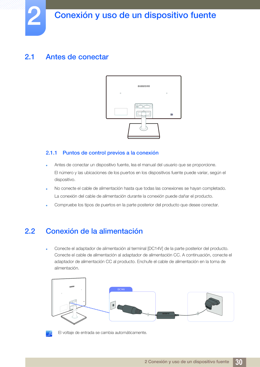 Samsung LS24C550ML/EN manual Conexión y uso de un dispositivo fuente, Antes de conectar, Conexión de la alimentación 